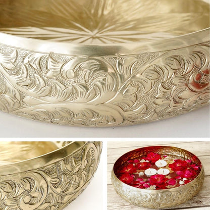Luxeberry Golden Aluminium Chitai Design 10" inch Urli | Navratri Durga Puja Indoor Outdoor Center Table Flower Decorative Bowl | Urali for Haldi, Mehandi, Wedding & Home Decor, Brass Finish 1Pc, 2000 ml