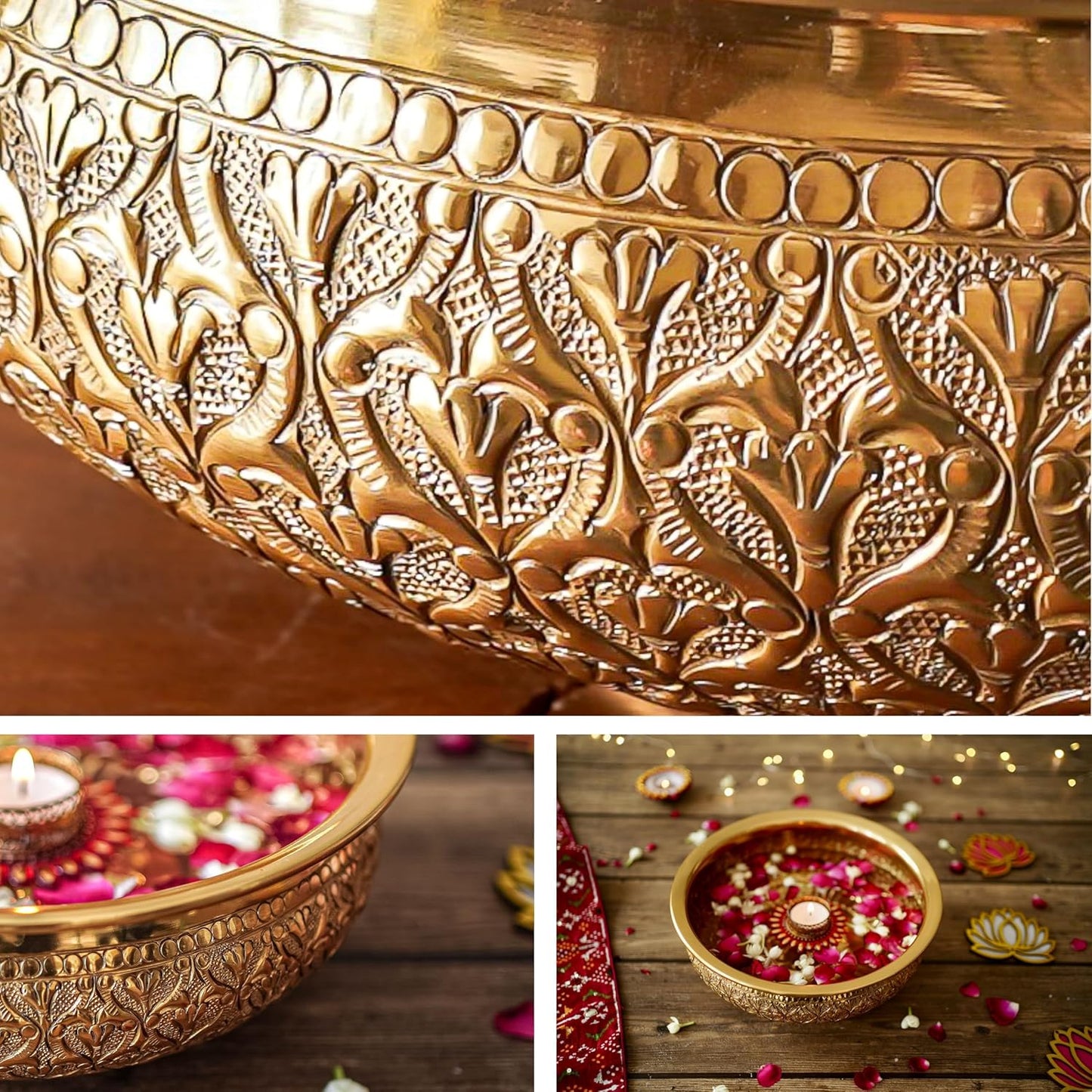 Luxeberry Classic Golden Aluminium Chitai Design 10" inch Urli | Navratri Durga Puja Indoor Center Table Flower Decorative Bowl | Urali for Haldi, Mehandi, Wedding Home Decor, Brass Finish 1Pc 1000 ml