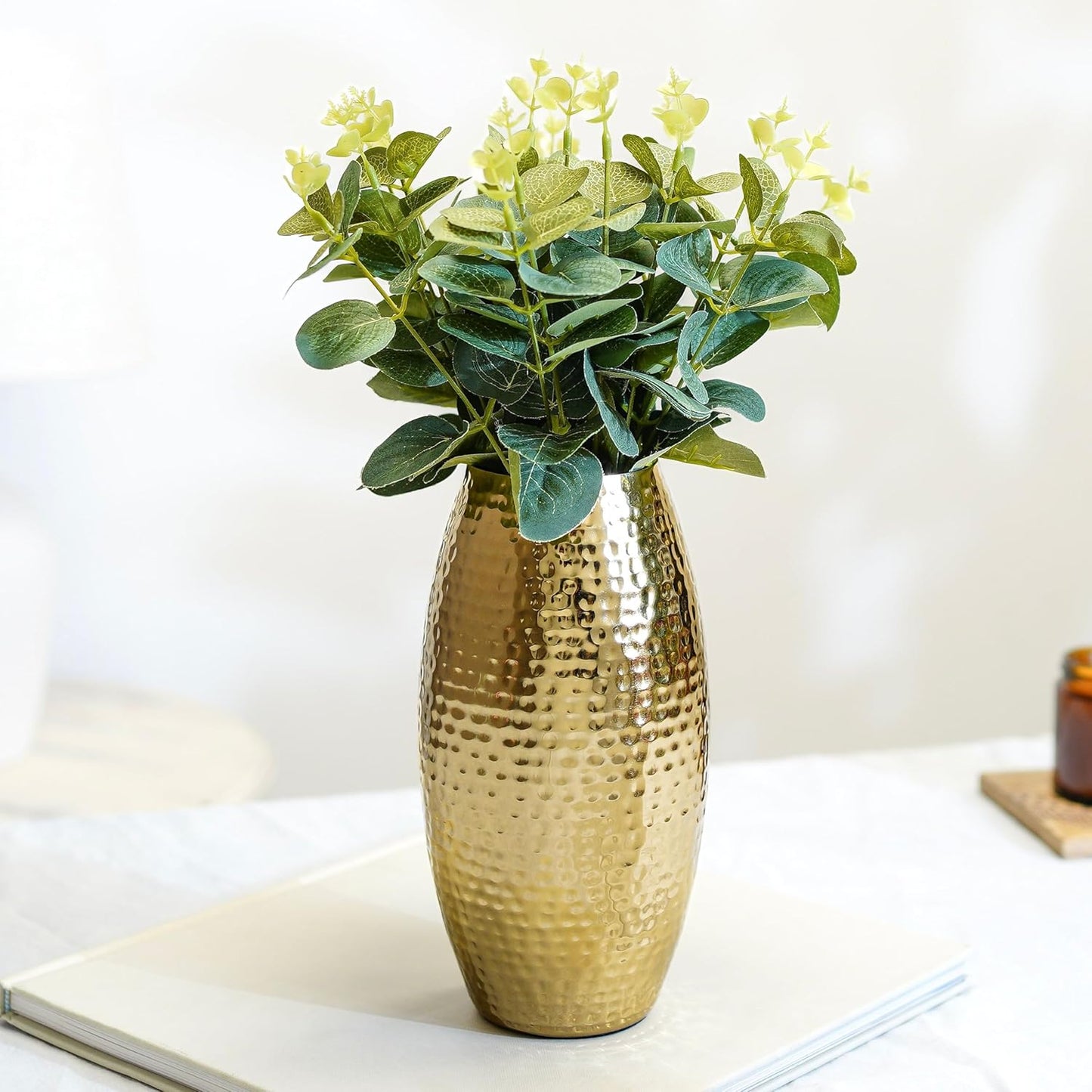 Luxeberry Metal Hammered Vase for Home Decor Decoratives for Living Room | Best Gift for Birthday Anniversary Valentine's Day Diwali Ganpati Onam |Golden Oblong Shape 1 Large Pcs (Flower not Included)