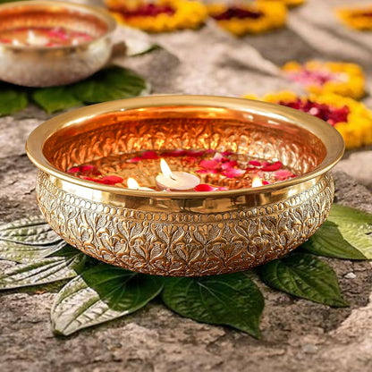Luxeberry Classic Golden Aluminium Chitai Design 10" inch Urli | Navratri Durga Puja Indoor Center Table Flower Decorative Bowl | Urali for Haldi, Mehandi, Wedding Home Decor, Brass Finish 1Pc 1000 ml